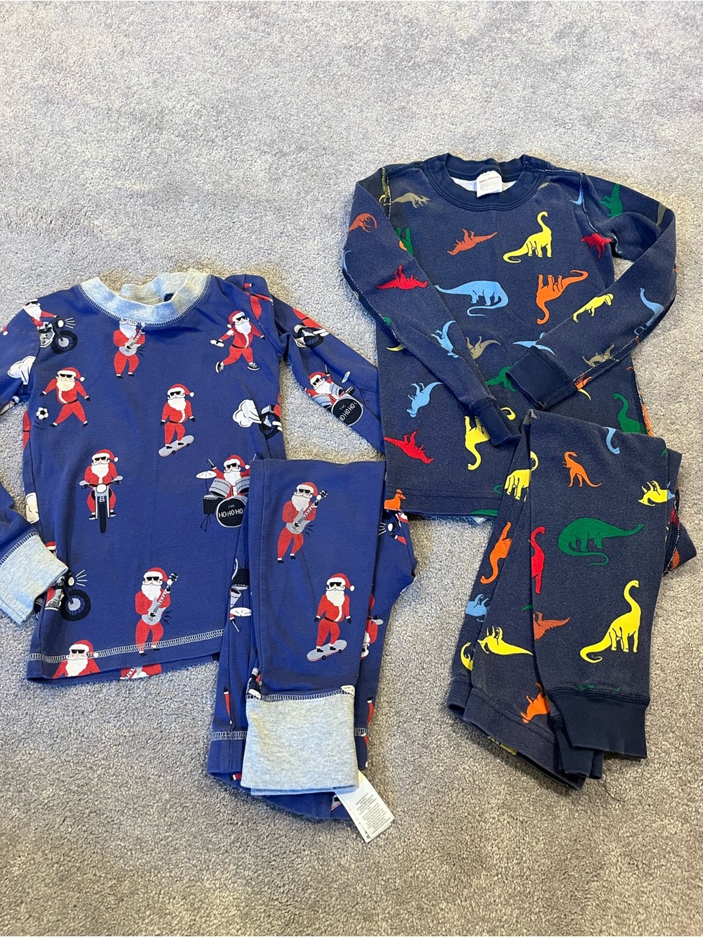 Mini Boden Navy Santa and Hanna Andersson Dino Bundle Pajama Sets